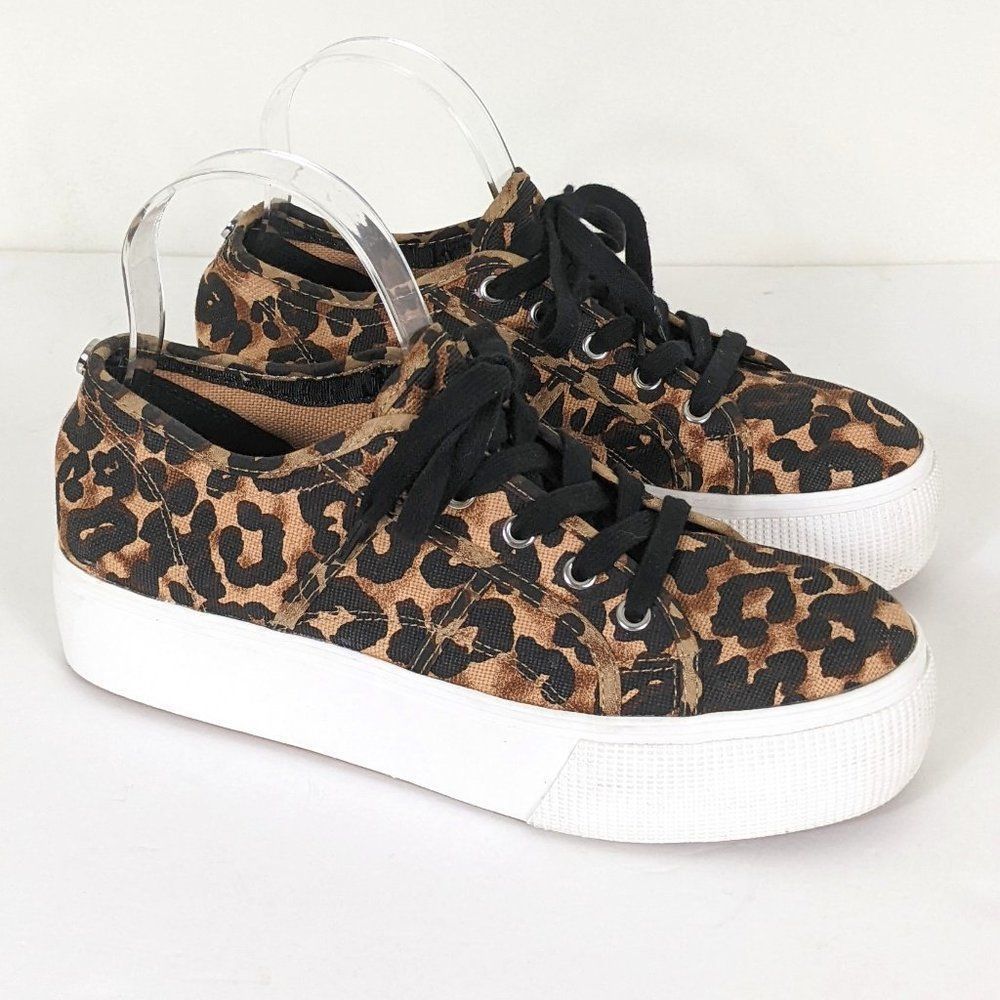 Steve Madden Emmie Black and Tan Leopard Print Canvas Platform Lace-Up Sneakers